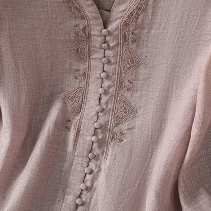 Camisa de mujer informal con cuello en V, botonadura sencilla y cuello en V, con bordado de Buddha Stones. - image 13