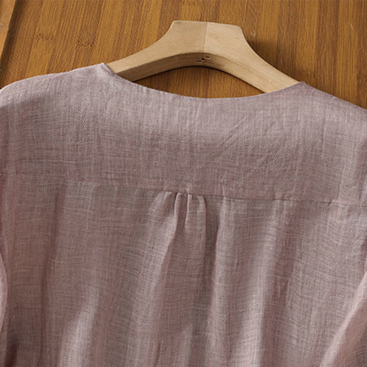 Camisa de mujer informal con cuello en V, botonadura sencilla y cuello en V, con bordado de Buddha Stones. - image 15