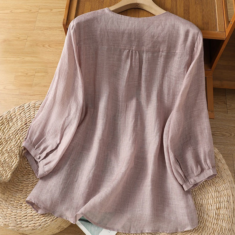 Camisa informal de poliéster con cuello en V, manga corta y botones, con bordado de Buddha Stones para mujer - image 11