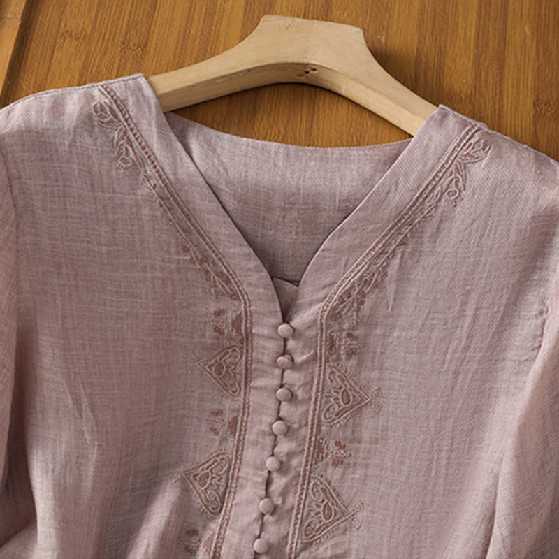 Camisa de mujer informal con cuello en V, botonadura sencilla y cuello en V, con bordado de Buddha Stones. - image 18