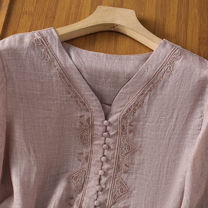 Camisa de mujer informal con cuello en V, botonadura sencilla y cuello en V, con bordado de Buddha Stones. - image 18