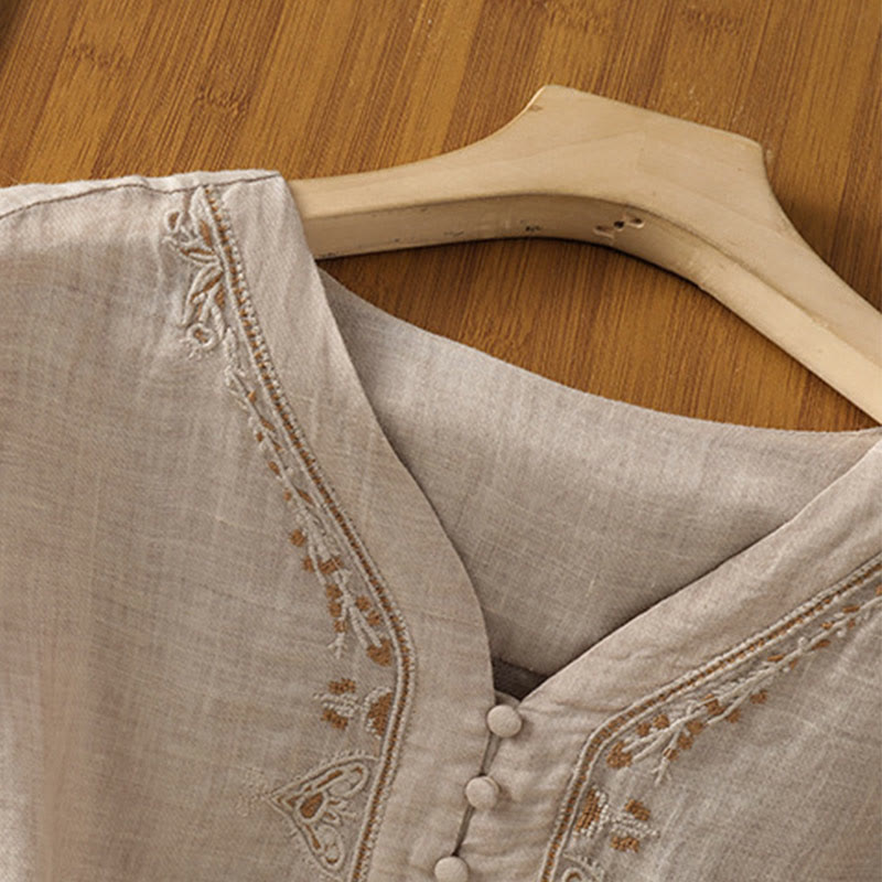 Camisa de mujer informal con cuello en V, botonadura sencilla y cuello en V, con bordado de Buddha Stones. - image 24