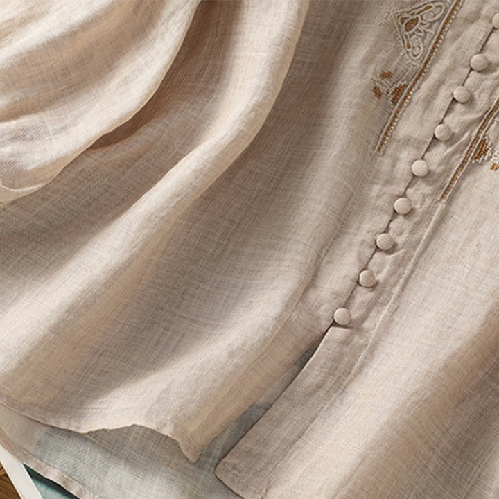 Camisa de mujer informal con cuello en V, botonadura sencilla y cuello en V, con bordado de Buddha Stones. - image 27