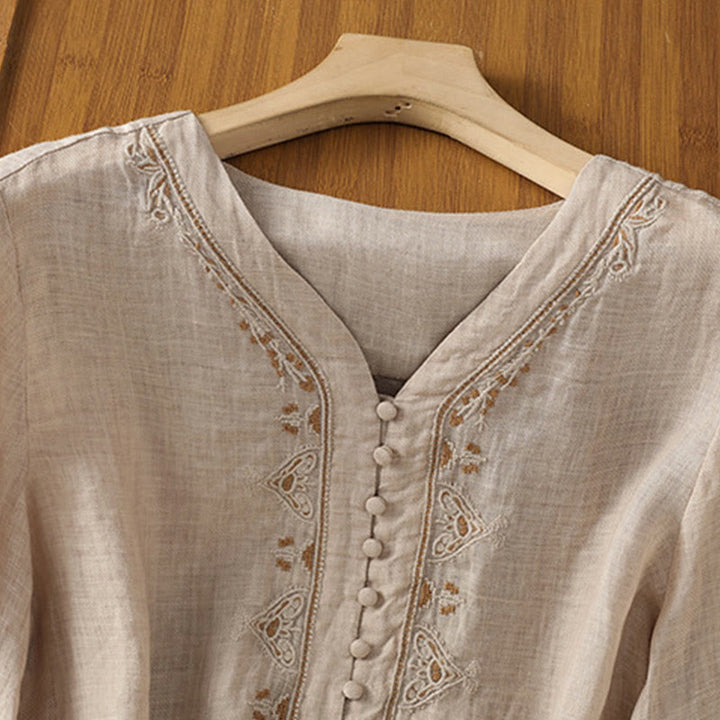 Camisa de mujer informal con cuello en V, botonadura sencilla y cuello en V, con bordado de Buddha Stones. - image 21