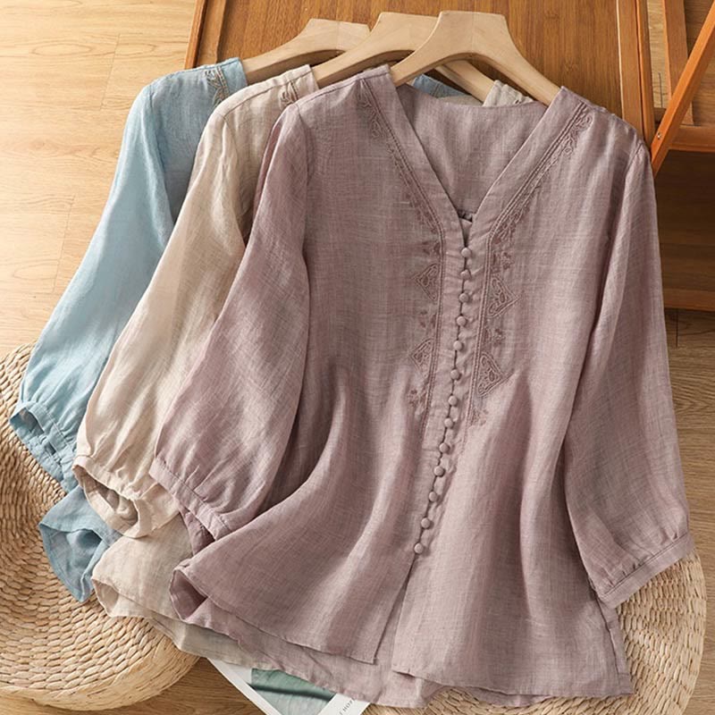 Camisa informal de poliéster con cuello en V, manga corta y botones, con bordado de Buddha Stones para mujer - image 28