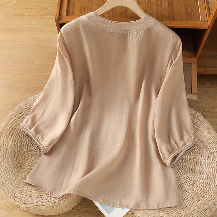 Camisa informal de algodón y poliéster con cuello alto y media manga para mujer, con bordado de Buddha Stones de rana - image 2