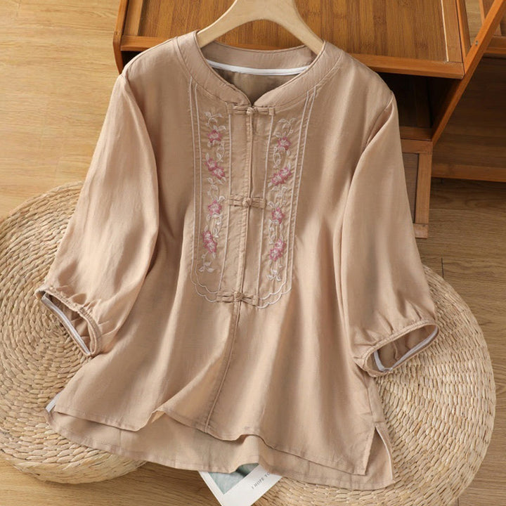 Camisa informal de algodón y poliéster con cuello alto y media manga para mujer, con bordado de Buddha Stones de rana - PeachPuff - US8-10，UK/AU12-14，EU40-42 (2XL) - image 0