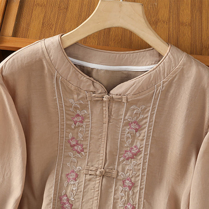 Camisa informal de algodón y poliéster con cuello alto y media manga para mujer, con bordado de Buddha Stones de rana - image 3