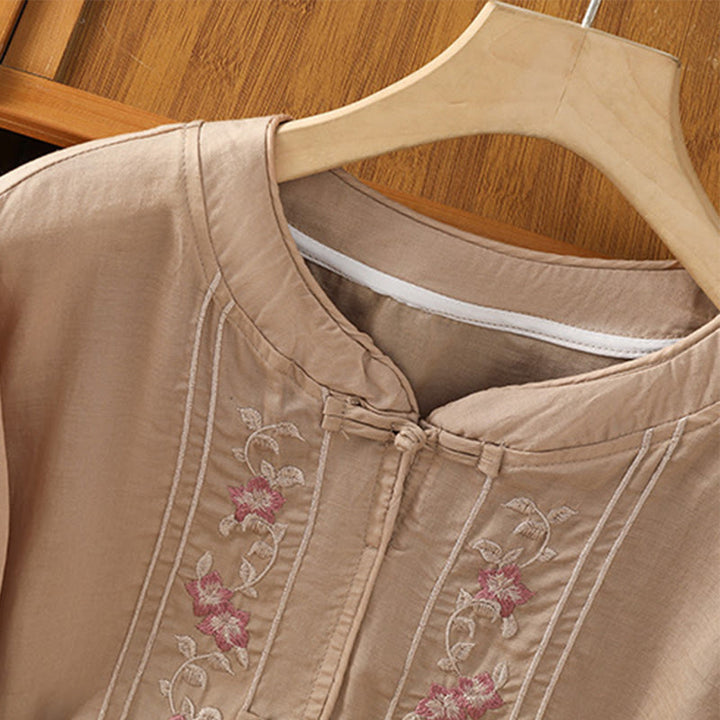 Camisa informal de algodón y poliéster con cuello alto y media manga para mujer, con bordado de Buddha Stones de rana - image 4