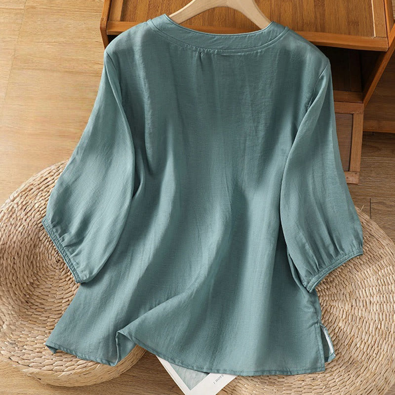 Camisa informal de algodón y poliéster con cuello alto y media manga para mujer, con bordado de Buddha Stones de rana - image 7