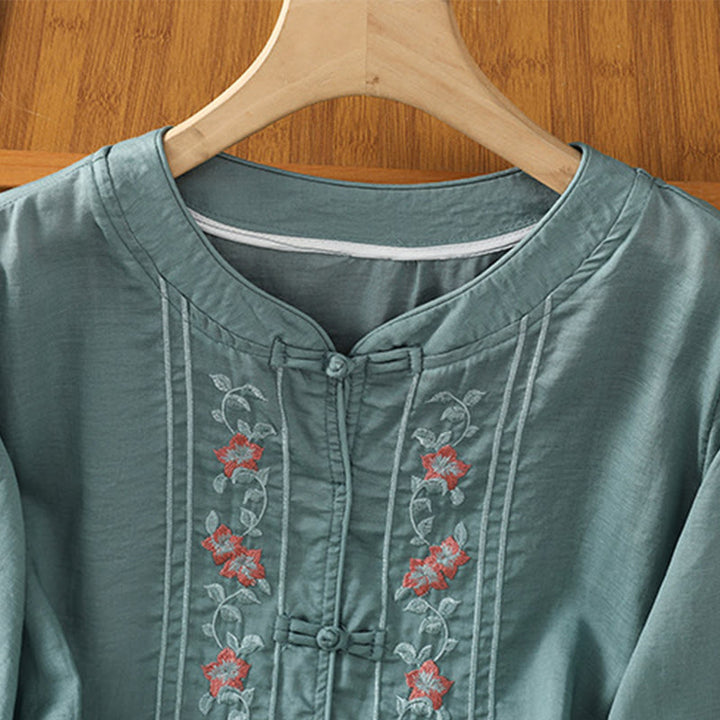 Camisa informal de algodón y poliéster con cuello alto y media manga para mujer, con bordado de Buddha Stones de rana - image 8