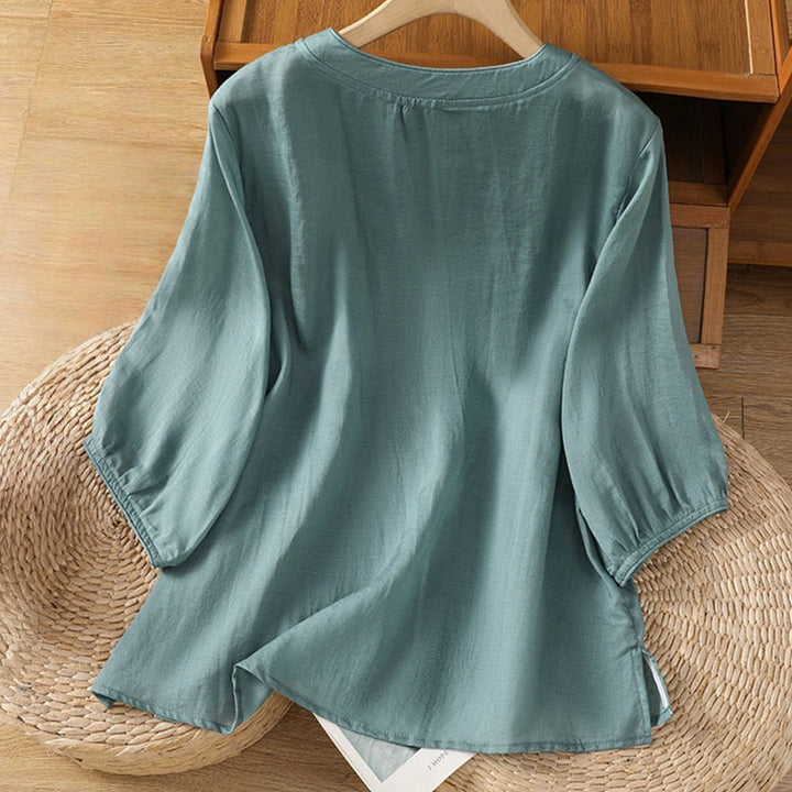Camisa informal de algodón y poliéster con cuello alto y media manga para mujer, con bordado de Buddha Stones de rana - image 8