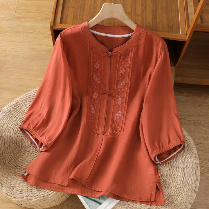 Camisa informal de algodón y poliéster con cuello alto y media manga para mujer, con bordado de Buddha Stones de rana - Tomate - US8-10，UK/AU12-14，EU40-42 (2XL) - image 13