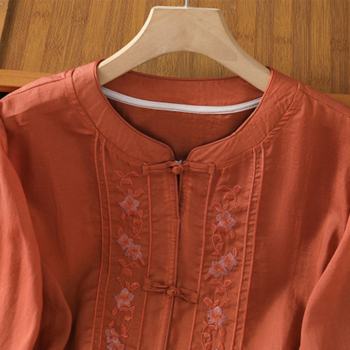 Camisa informal de algodón y poliéster con cuello alto y media manga para mujer, con bordado de Buddha Stones de rana - image 14