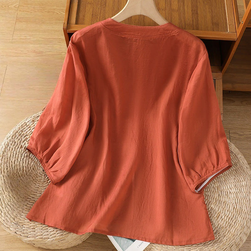 Camisa informal de algodón y poliéster con cuello alto y media manga para mujer, con bordado de Buddha Stones de rana - image 14