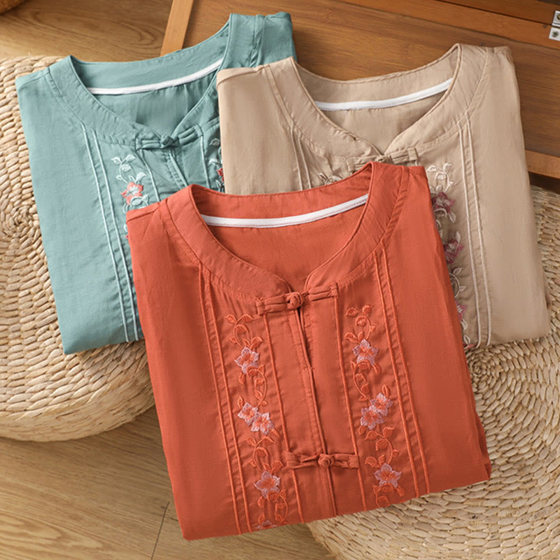 Camisa informal de algodón y poliéster con cuello alto y media manga para mujer, con bordado de Buddha Stones de rana - image 18