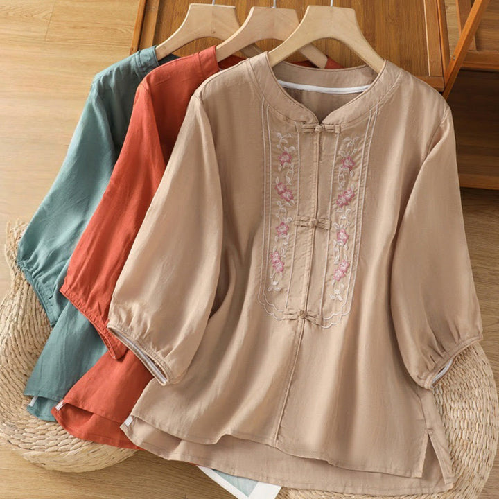 Camisa informal de algodón y poliéster con cuello alto y media manga para mujer, con bordado de Buddha Stones de rana - image 19