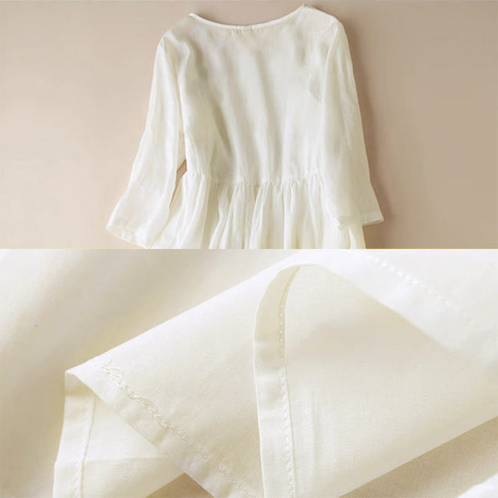 Vestido midi para mujer con bordado geométrico de Buddha Stones y mangas de nueve cuartos con bolsillos - image 6