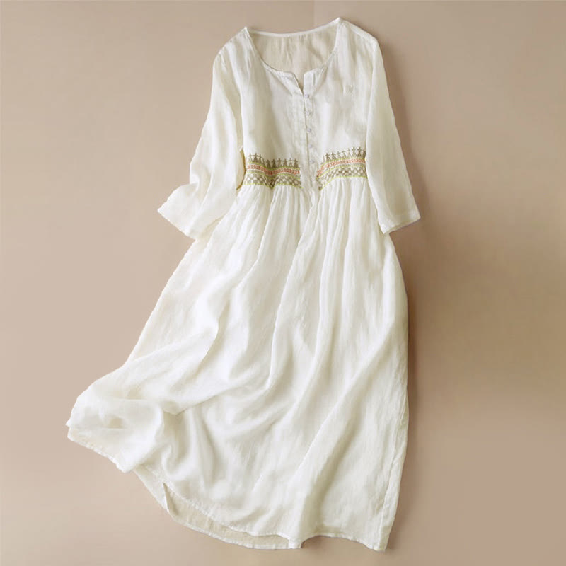 Vestido midi para mujer con bordado geométrico de Buddha Stones y mangas de nueve cuartos con bolsillos - Blanco - US14, UK/AU18, EU46 (4XL) - image 0