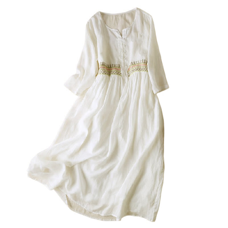 Vestido midi para mujer con bordado geométrico de Buddha Stones y mangas de nueve cuartos con bolsillos - image 7