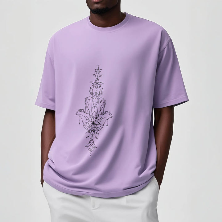 Camiseta con estampado de flor de loto y mano de Hamsa con Buddha Stones - image 19
