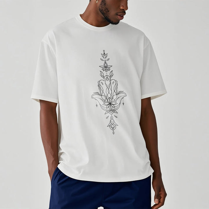 Camiseta con estampado de flor de loto y mano de Hamsa con Buddha Stones - image 7