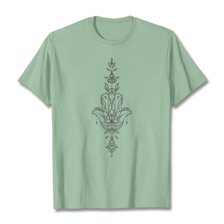 Camiseta con estampado de flor de loto y mano de Hamsa con Buddha Stones - Verde pálido - 2XL - image 15