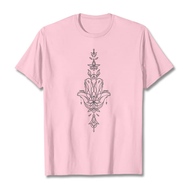 Camiseta con estampado de flor de loto y mano de Hamsa con Buddha Stones - Rosa claro - 2XL - image 14
