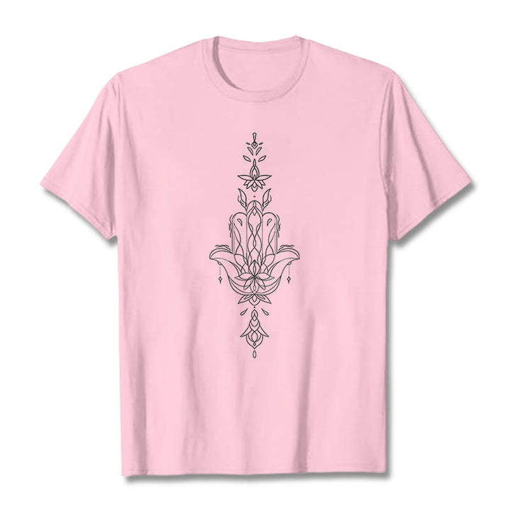 Camiseta con estampado de flor de loto y mano de Hamsa con Buddha Stones - Rosa claro - 2XL - image 14