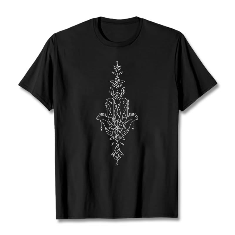 Camiseta con estampado de flor de loto y mano de Hamsa con Buddha Stones - Negro - 2XL - image 3