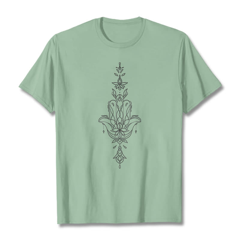 Camiseta con estampado de flor de loto y mano de Hamsa con Buddha Stones - Verde pálido - 2XL - image 16