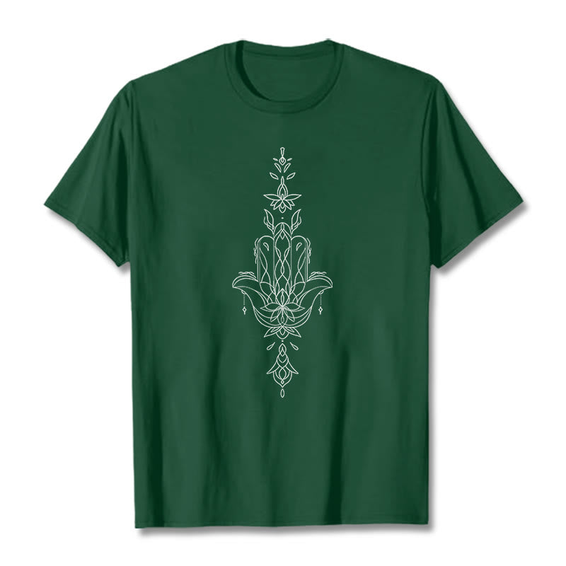 Camiseta con estampado de flor de loto y mano de Hamsa con Buddha Stones - Verde bosque - 2XL - image 11