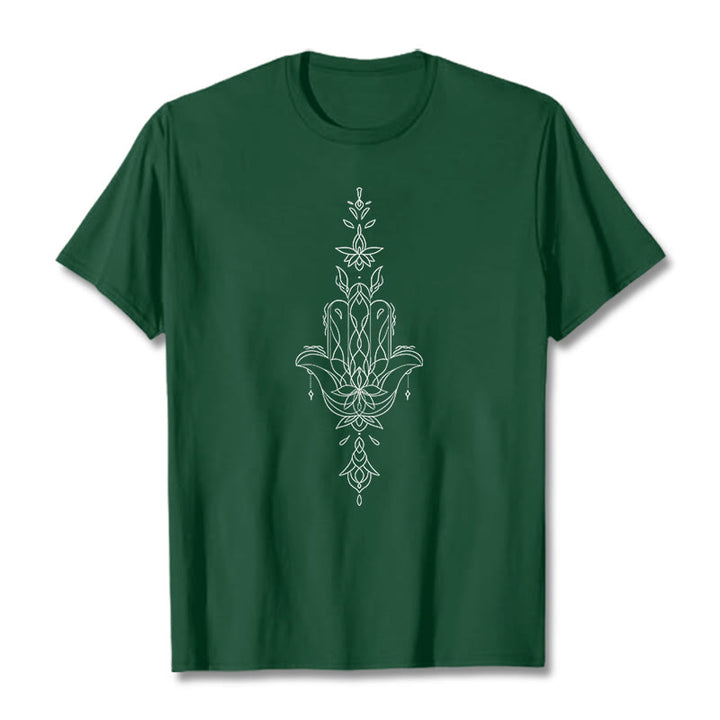 Camiseta con estampado de flor de loto y mano de Hamsa con Buddha Stones - Verde bosque - 2XL - image 11