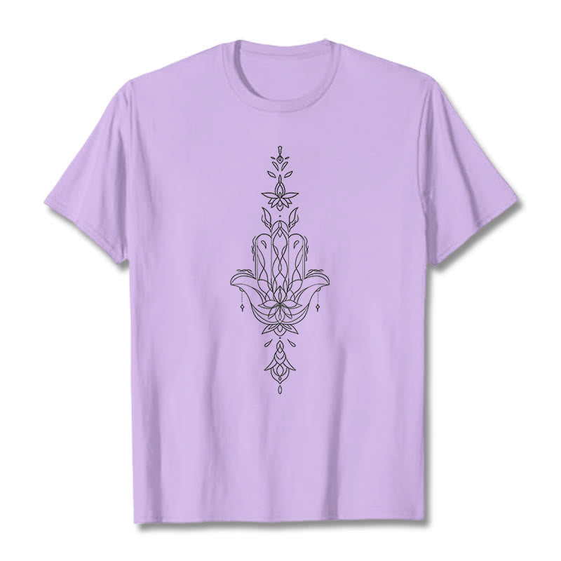 Camiseta con estampado de flor de loto y mano de Hamsa con Buddha Stones - Ciruela - 2XL - image 18