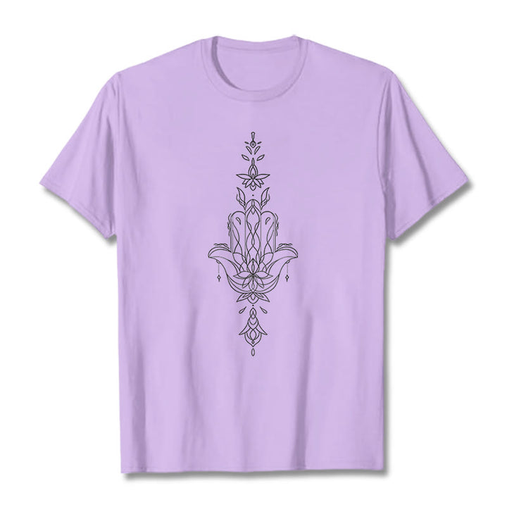 Camiseta con estampado de flor de loto y mano de Hamsa con Buddha Stones - Ciruela - 2XL - image 18
