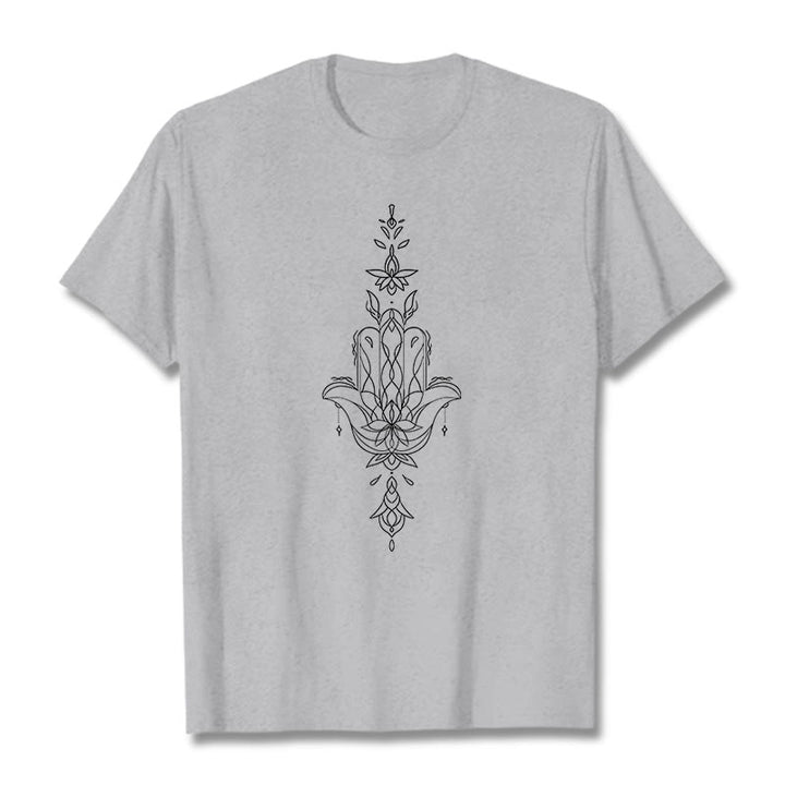 Camiseta con estampado de flor de loto y mano de Hamsa con Buddha Stones - Gris claro - 2XL - image 20
