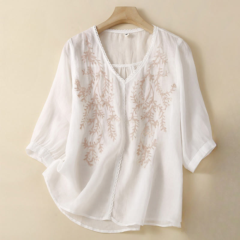 Camiseta de verano informal de algodón y lino con diseño bordado de ramas de flores y piedras de Buddha Stones , cuello en V y media manga para mujer