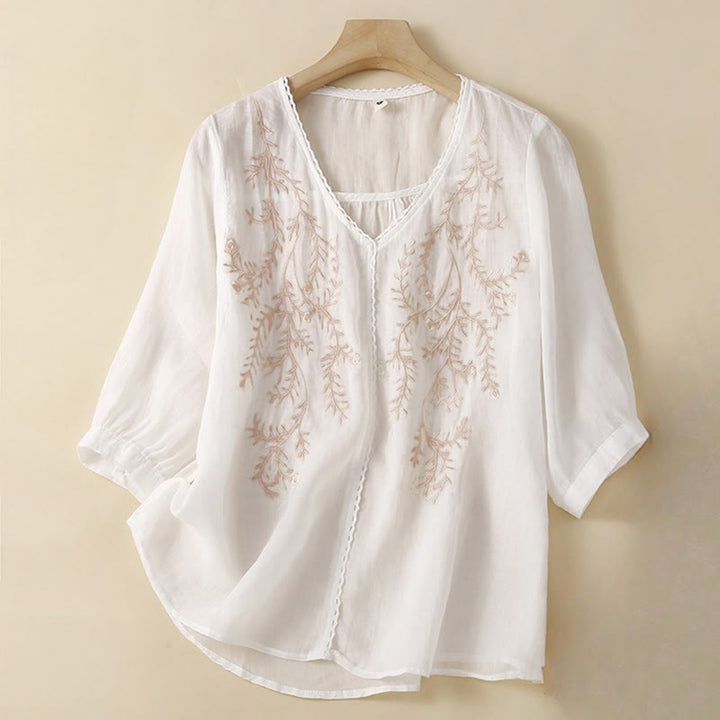 Camiseta de verano informal de algodón y lino con diseño bordado de ramas de flores y piedras de Buddha Stones , cuello en V y media manga para mujer