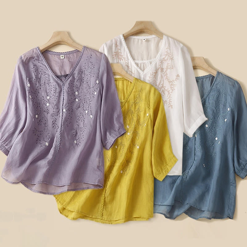 Camiseta de verano informal de algodón y lino con diseño bordado de ramas de flores y piedras de Buddha Stones , cuello en V y media manga para mujer