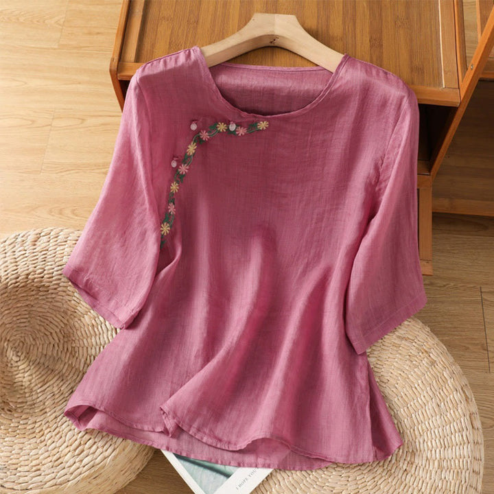 Camisa informal de algodón y poliéster con bordado de flores y Buddha Stones para mujer, de media manga y cuello redondo - Violeta pálido rojo - US14，UK/AU18，EU46 (2XL) - image 7