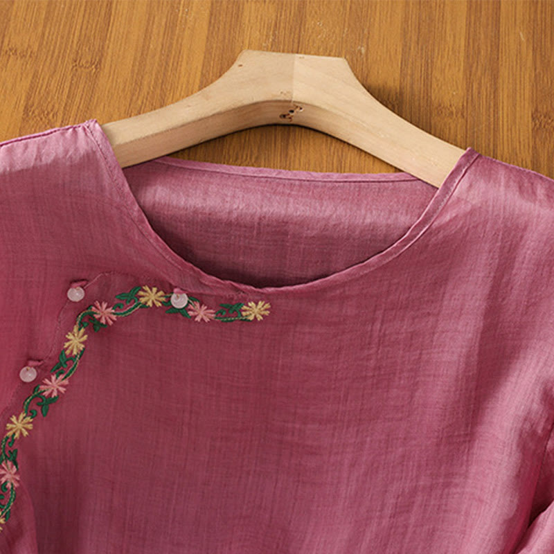 Camisa informal de algodón y poliéster con bordado de flores y Buddha Stones para mujer, de media manga y cuello redondo - image 14