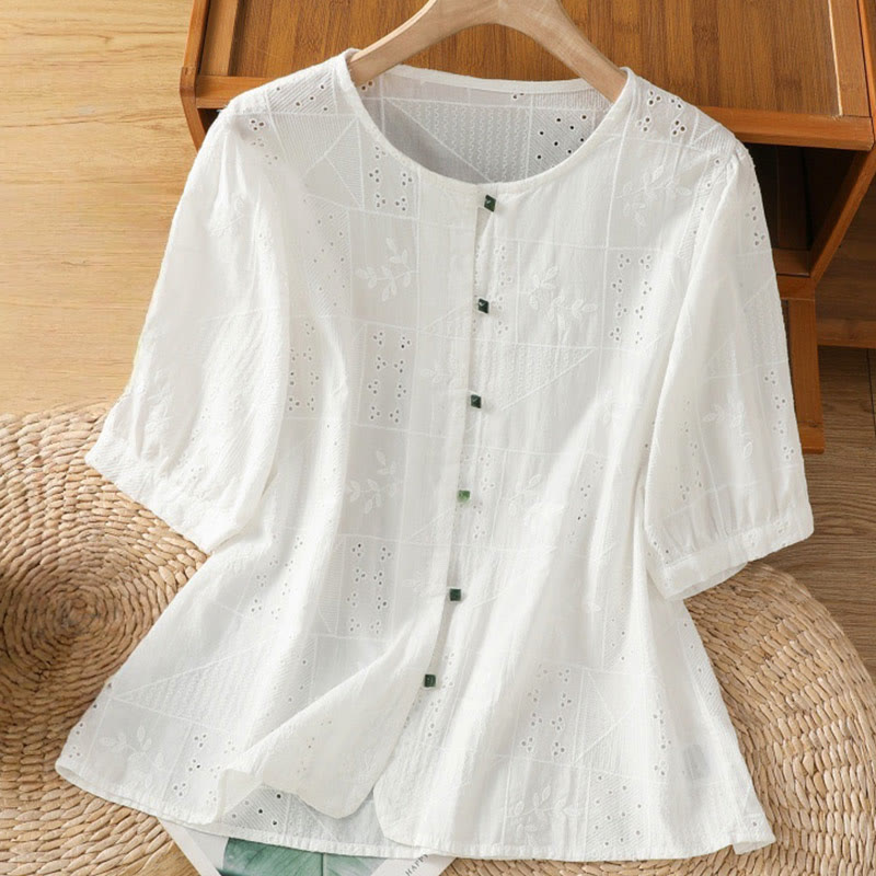 Camisa informal de algodón y poliéster con bordado de Buddha Stones para mujer, de media manga y cuello redondo - Blanco - US8-10，UK/AU12-14，EU40-42 (2XL) - image 1