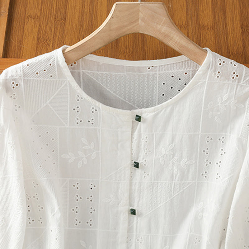 Camisa informal de algodón y poliéster con bordado de Buddha Stones para mujer, de media manga y cuello redondo - image 2