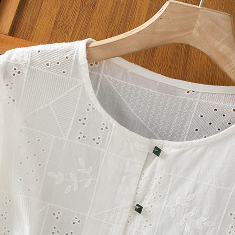Camisa informal de algodón y poliéster con bordado de Buddha Stones para mujer, de media manga y cuello redondo - image 4