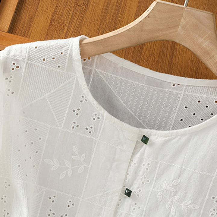 Camisa informal de algodón y poliéster con bordado de Buddha Stones para mujer, de media manga y cuello redondo - image 4