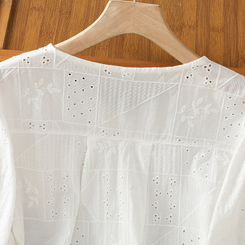 Camisa informal de algodón y poliéster con bordado de Buddha Stones para mujer, de media manga y cuello redondo - image 3