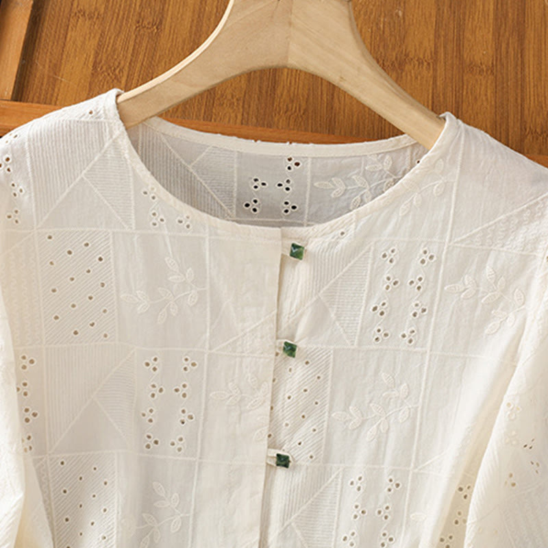 Camisa informal de algodón y poliéster con bordado de Buddha Stones para mujer, de media manga y cuello redondo - image 8