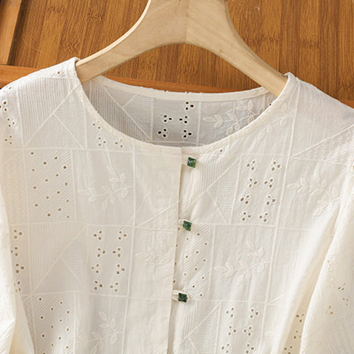 Camisa informal de algodón y poliéster con bordado de Buddha Stones para mujer, de media manga y cuello redondo - image 8