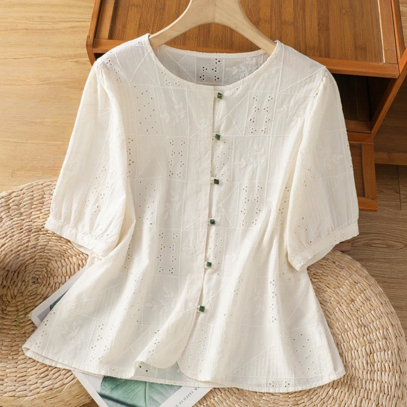 Camisa informal de algodón y poliéster con bordado de Buddha Stones para mujer, de media manga y cuello redondo - Encaje antiguo - US8-10，UK/AU12-14，EU40-42 (2XL) - image 7