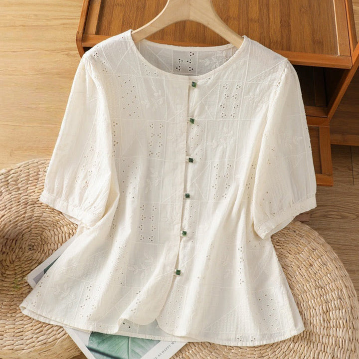 Camisa informal de algodón y poliéster con bordado de Buddha Stones para mujer, de media manga y cuello redondo - Encaje antiguo - US8-10，UK/AU12-14，EU40-42 (2XL) - image 7